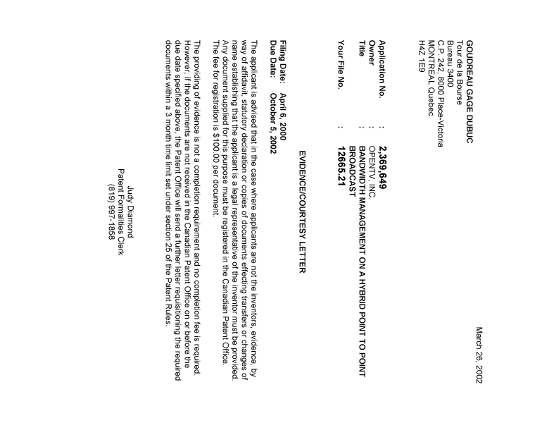 Document de brevet canadien 2369649. Correspondance 20020318. Image 1 de 1