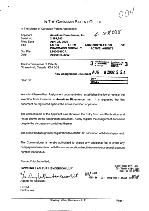 Document de brevet canadien 2369740. Cession 20020808. Image 1 de 6