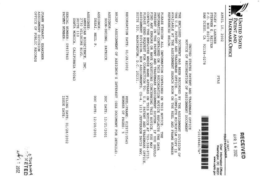 Canadian Patent Document 2369740. Assignment 20020808. Image 2 of 6