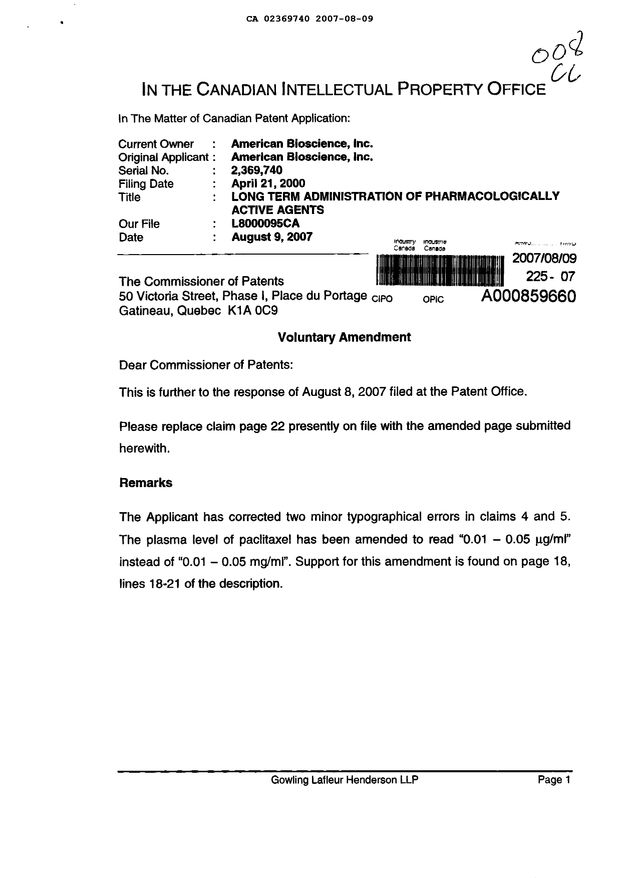 Document de brevet canadien 2369740. Poursuite-Amendment 20070809. Image 1 de 3
