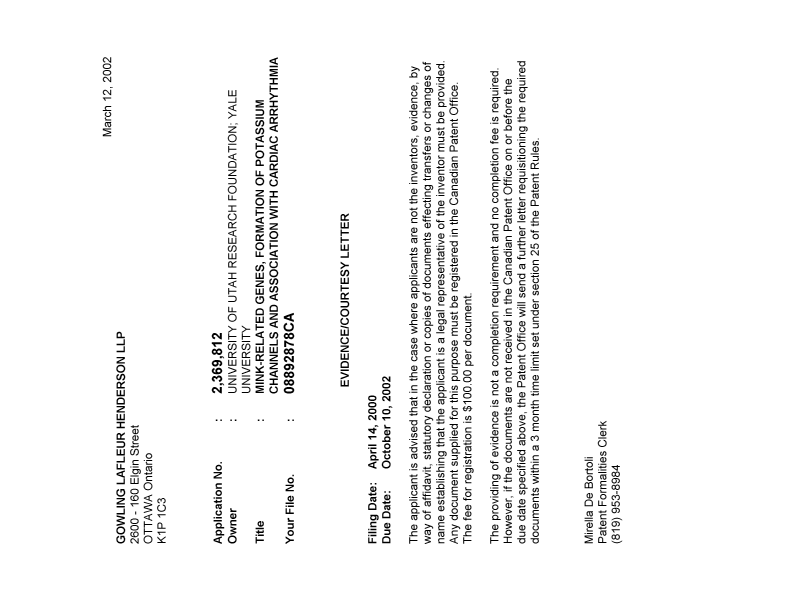 Document de brevet canadien 2369812. Correspondance 20011208. Image 1 de 1