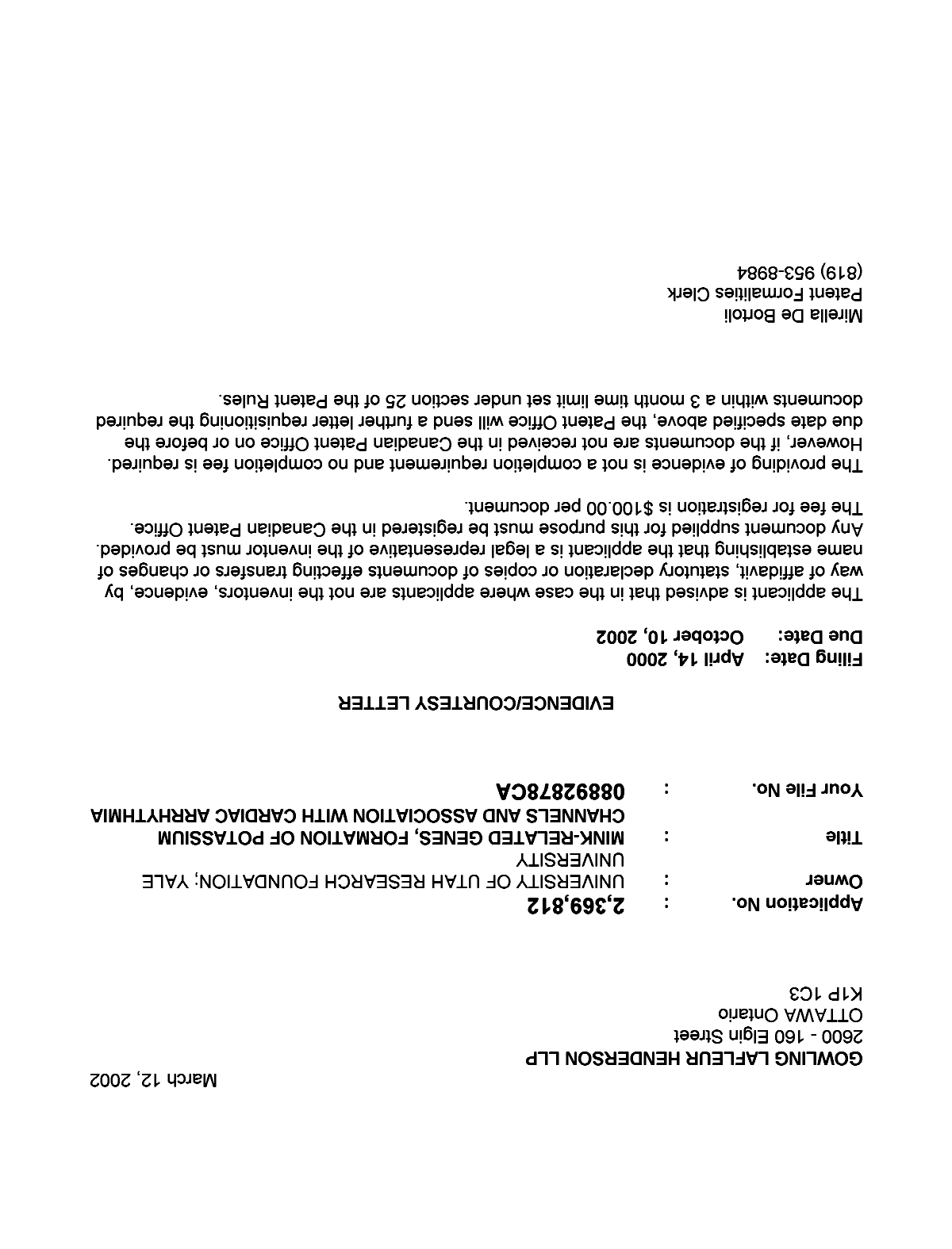 Document de brevet canadien 2369812. Correspondance 20011208. Image 1 de 1