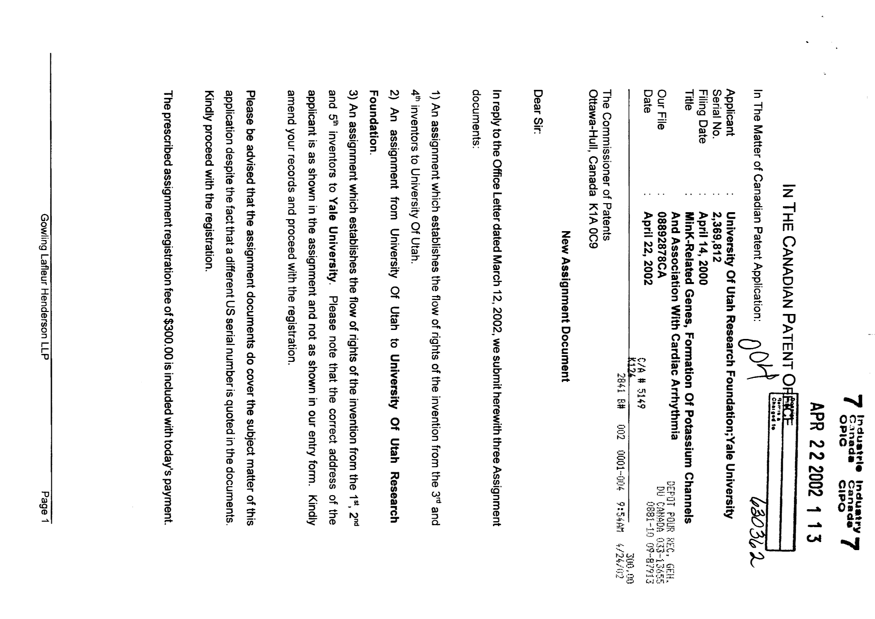 Document de brevet canadien 2369812. Cession 20011222. Image 1 de 11