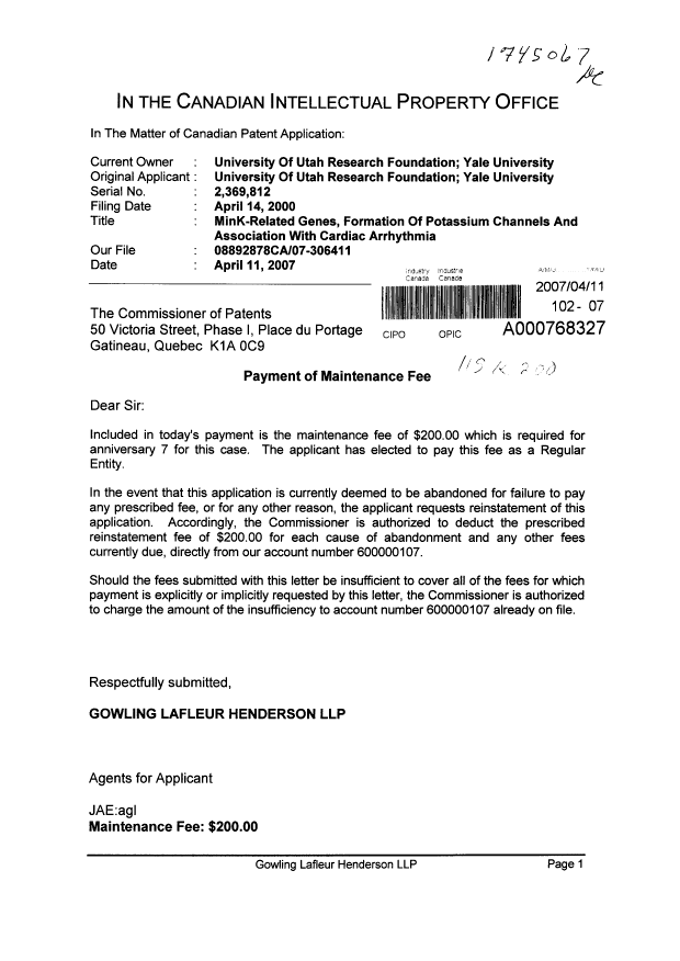 Document de brevet canadien 2369812. Taxes 20070411. Image 1 de 1