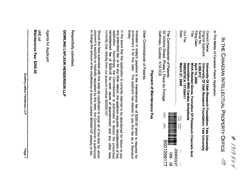 Document de brevet canadien 2369812. Taxes 20080327. Image 1 de 1