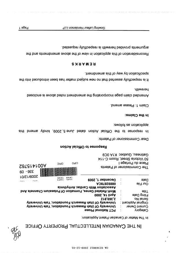 Document de brevet canadien 2369812. Poursuite-Amendment 20081201. Image 1 de 7