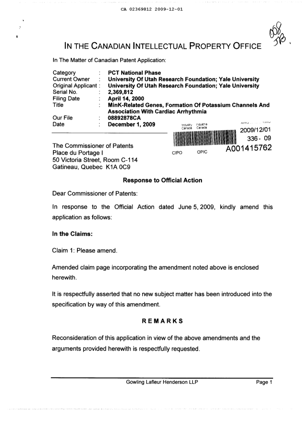 Canadian Patent Document 2369812. Prosecution-Amendment 20091201. Image 1 of 7