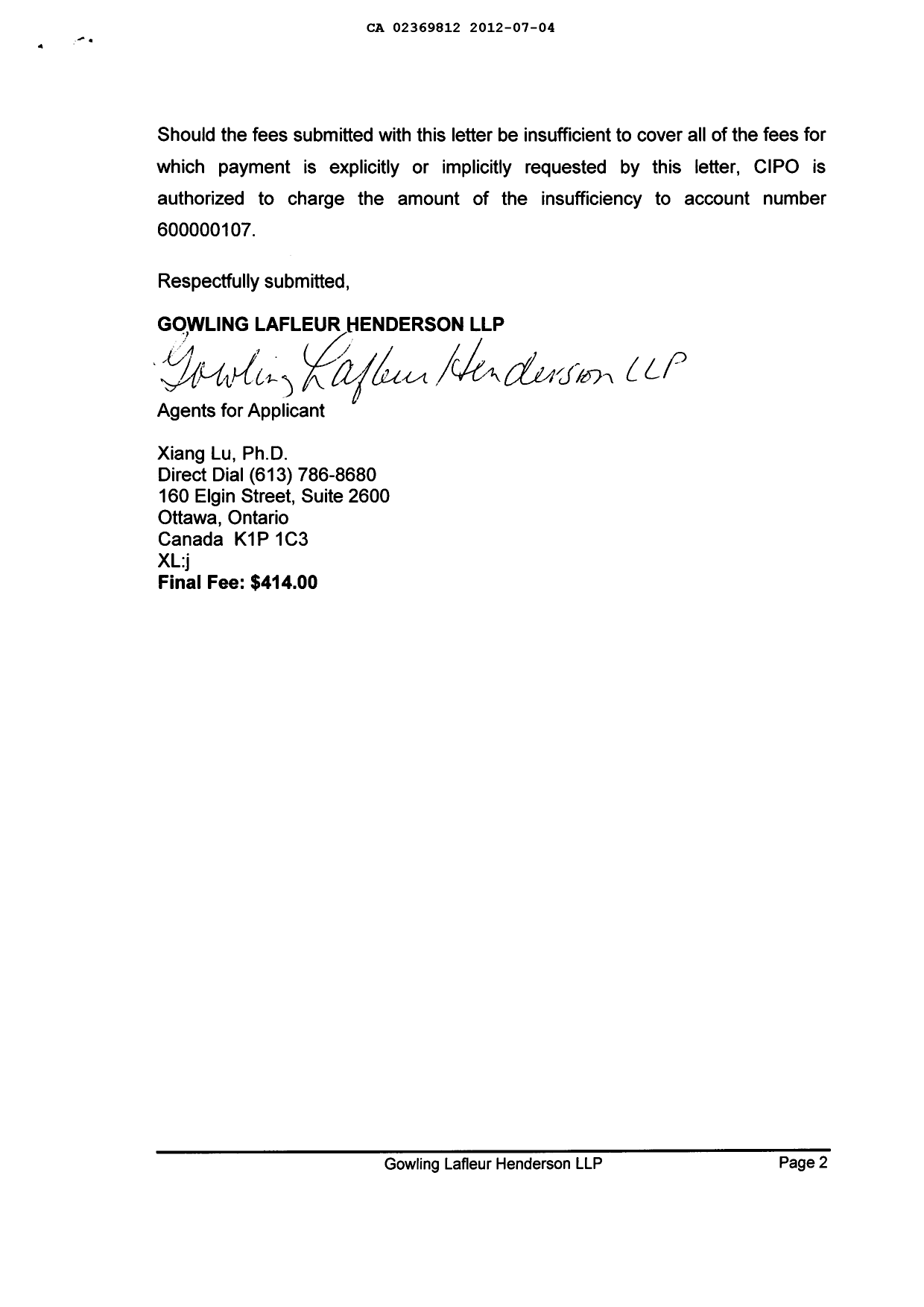 Document de brevet canadien 2369812. Correspondance 20111204. Image 2 de 2
