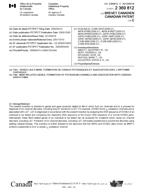 Document de brevet canadien 2369812. Page couverture 20111221. Image 1 de 2