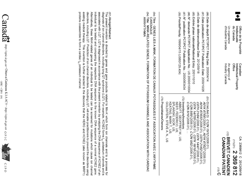 Document de brevet canadien 2369812. Page couverture 20111221. Image 1 de 2