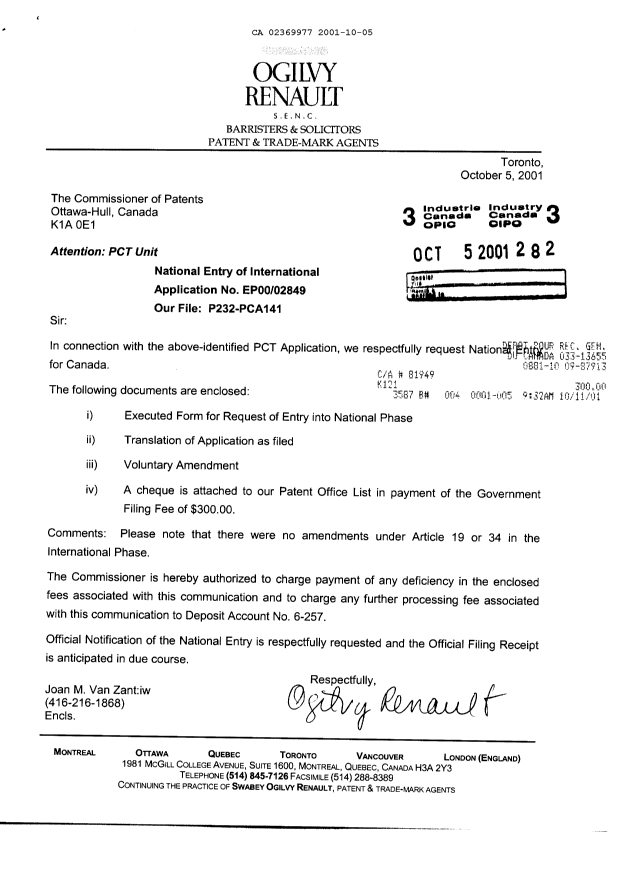 Document de brevet canadien 2369977. Cession 20011005. Image 1 de 3