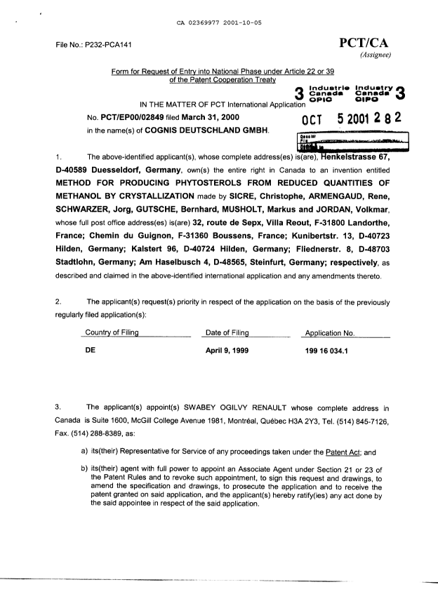 Document de brevet canadien 2369977. Cession 20011005. Image 2 de 3