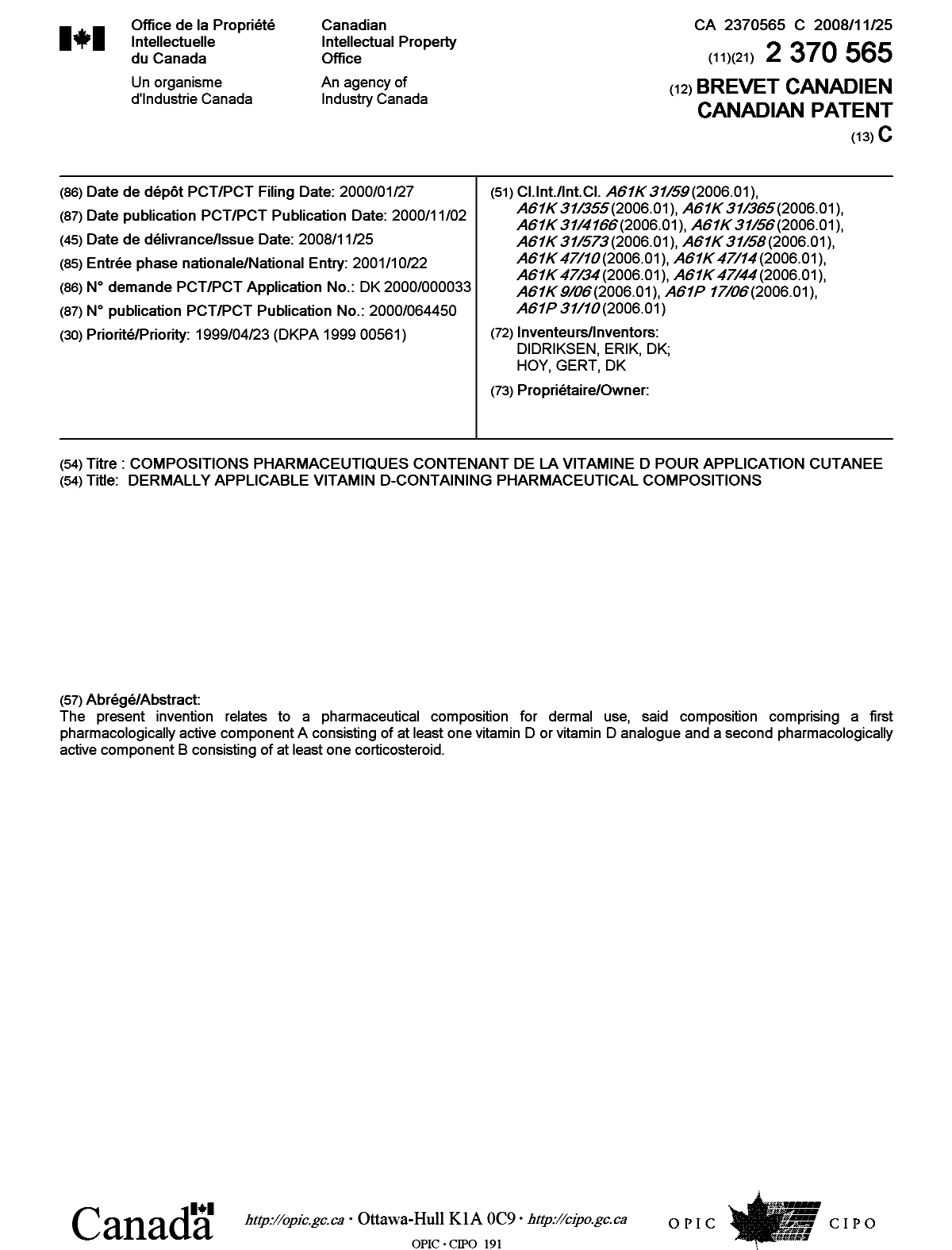 Canadian Patent Document 2370565. Cover Page 20071210. Image 1 of 2