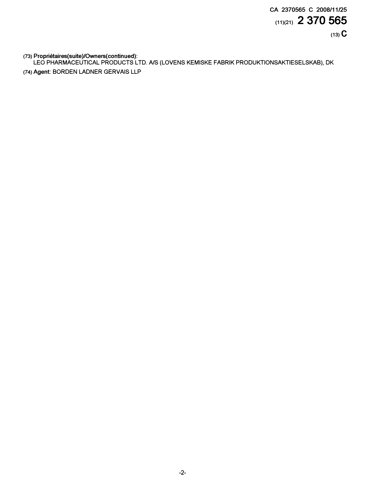 Document de brevet canadien 2370565. Page couverture 20071210. Image 2 de 2
