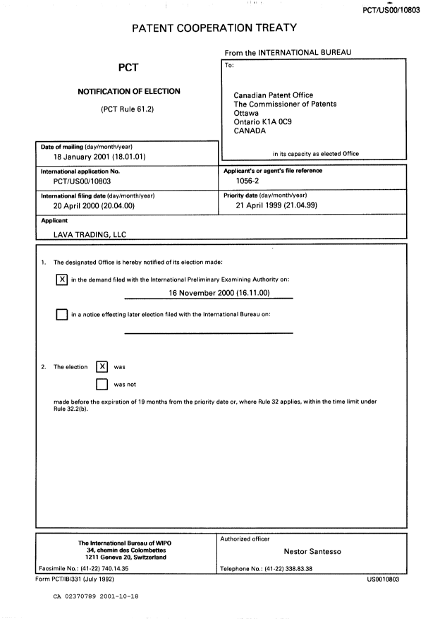 Document de brevet canadien 2370789. PCT 20011018. Image 1 de 5