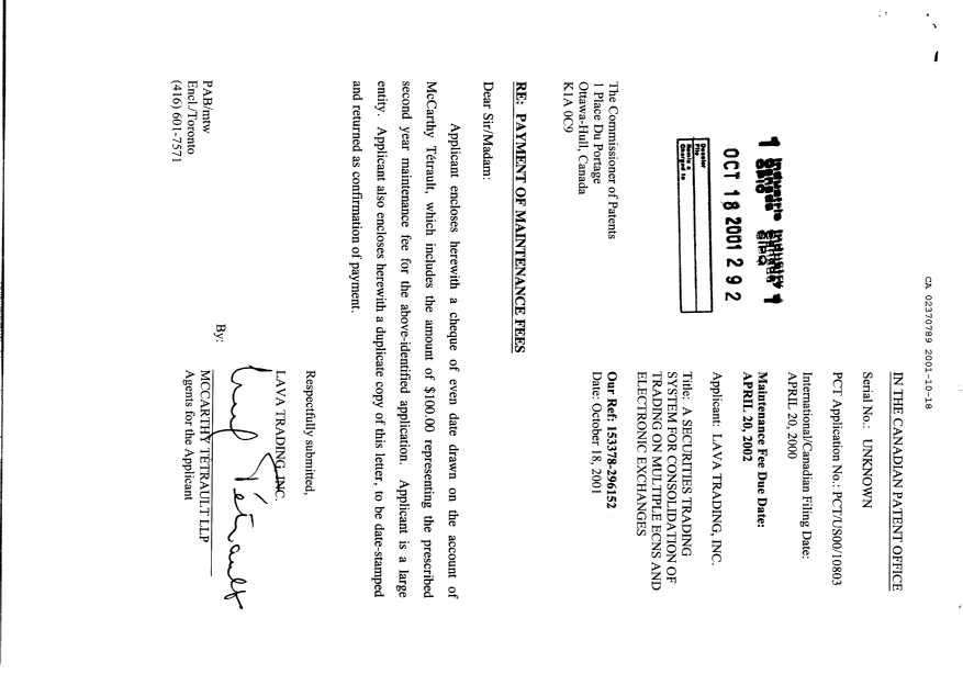 Document de brevet canadien 2370789. Taxes 20011018. Image 1 de 1
