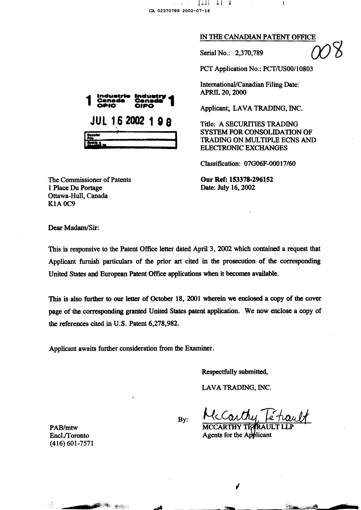 Document de brevet canadien 2370789. Poursuite-Amendment 20020716. Image 1 de 1