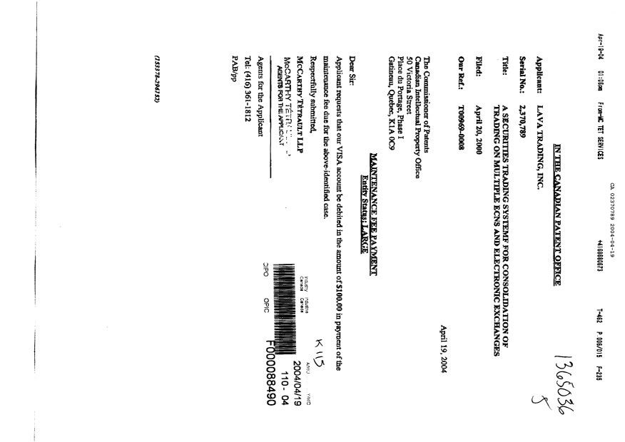 Document de brevet canadien 2370789. Taxes 20040419. Image 1 de 1