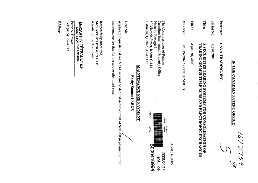 Document de brevet canadien 2370789. Taxes 20050414. Image 1 de 1