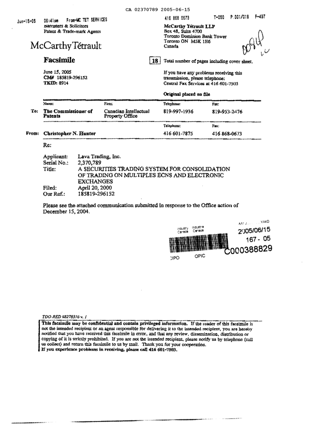 Document de brevet canadien 2370789. Poursuite-Amendment 20050615. Image 1 de 18