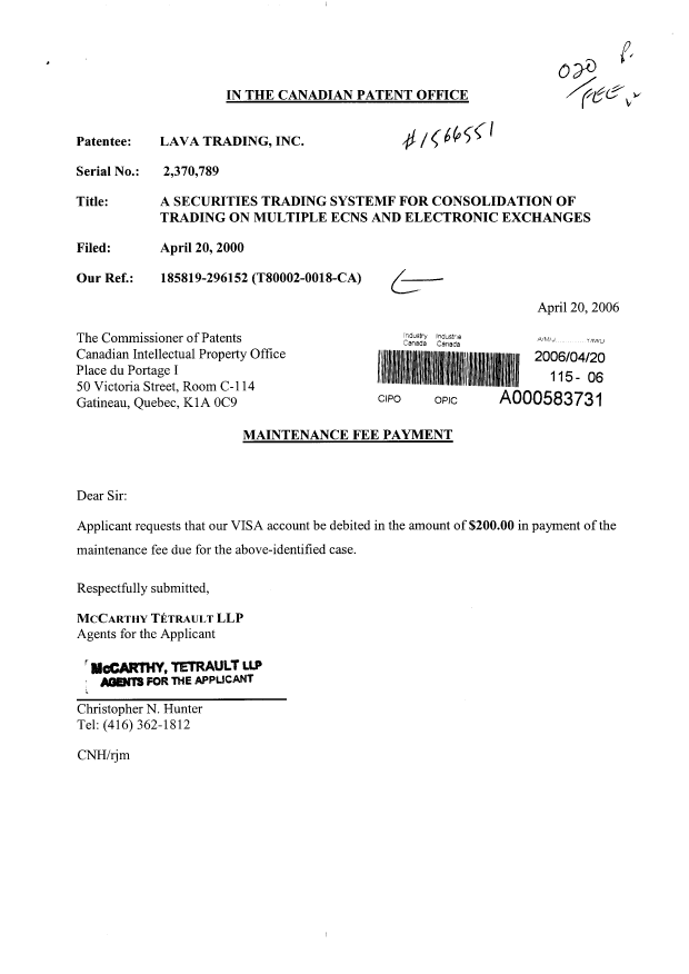 Document de brevet canadien 2370789. Correspondance 20060420. Image 1 de 1