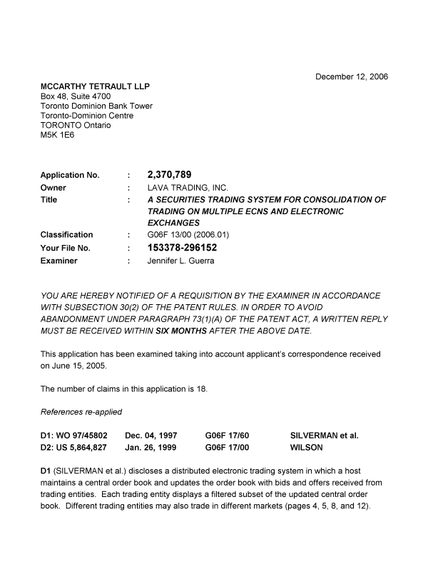 Document de brevet canadien 2370789. Poursuite-Amendment 20061212. Image 1 de 8