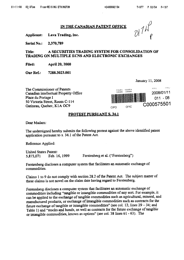 Document de brevet canadien 2370789. Poursuite-Amendment 20080111. Image 1 de 4