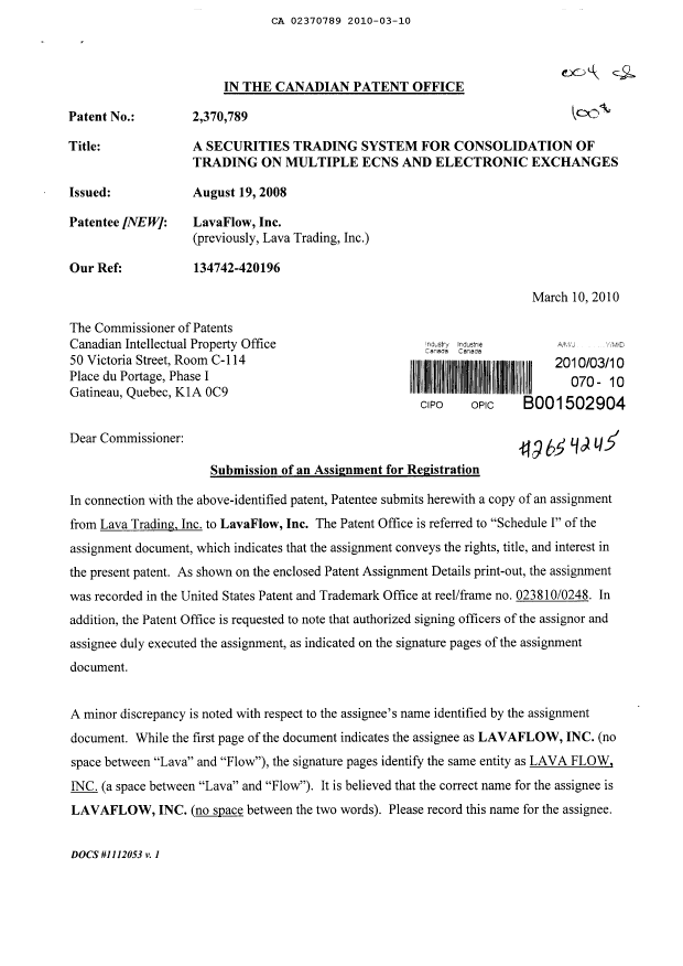 Document de brevet canadien 2370789. Cession 20100310. Image 1 de 8