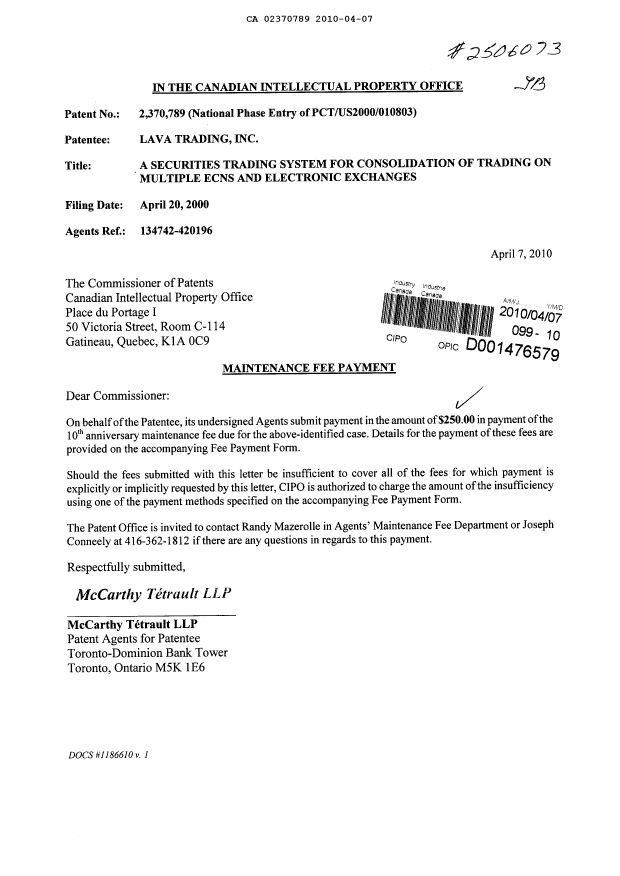 Document de brevet canadien 2370789. Taxes 20100407. Image 1 de 1