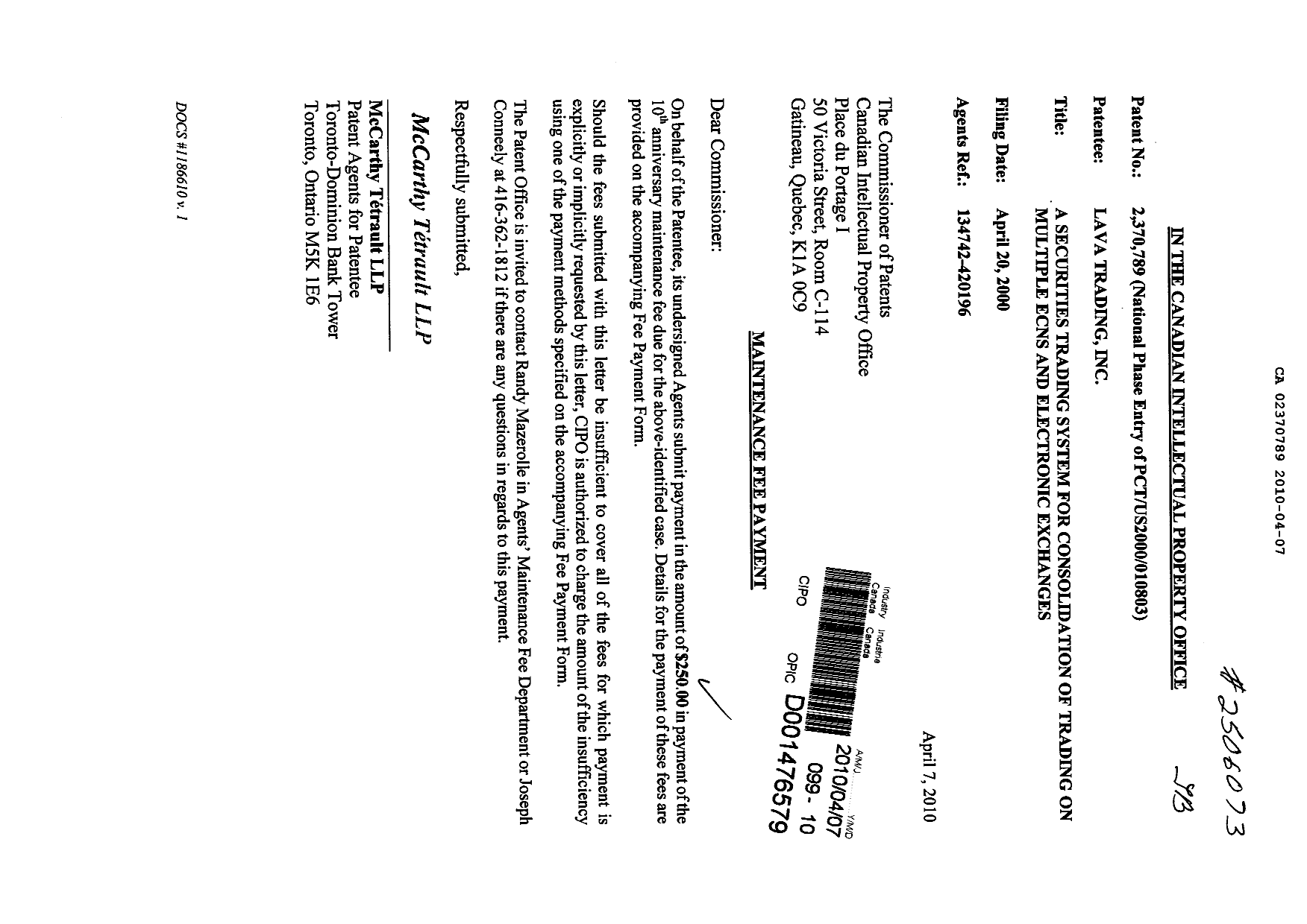 Canadian Patent Document 2370789. Fees 20100407. Image 1 of 1