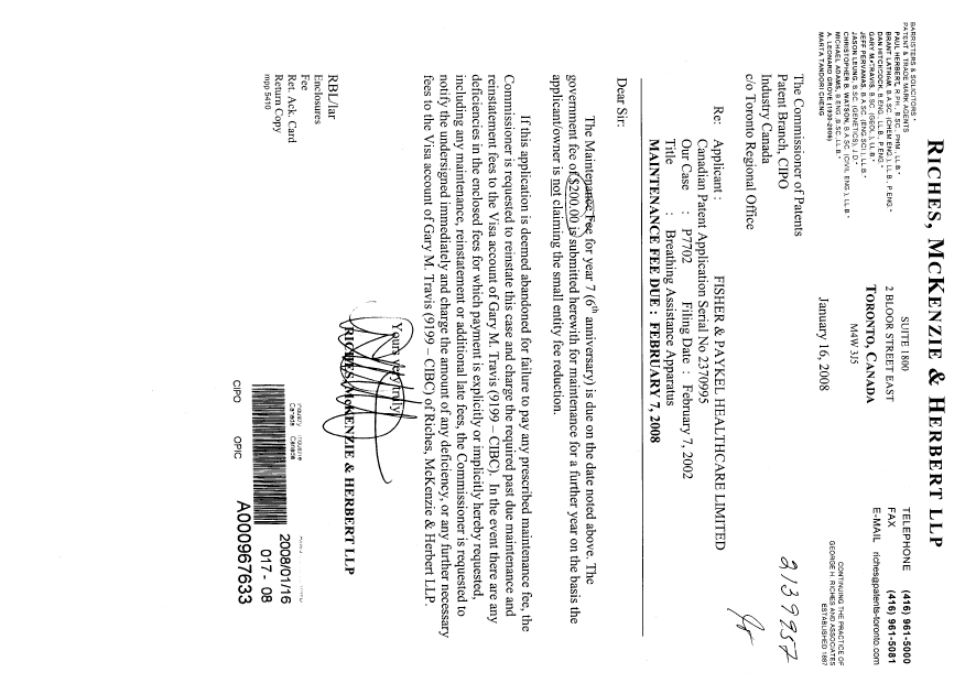 Document de brevet canadien 2370995. Taxes 20071216. Image 1 de 1