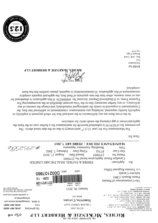 Document de brevet canadien 2370995. Taxes 20121228. Image 1 de 1