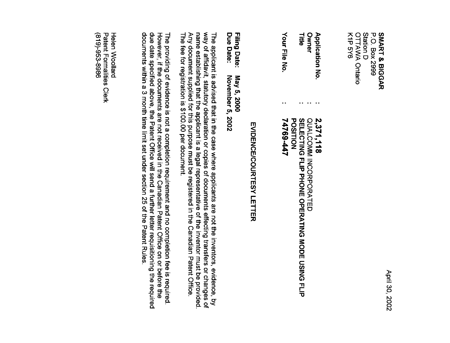 Canadian Patent Document 2371118. Correspondence 20001202. Image 1 of 1