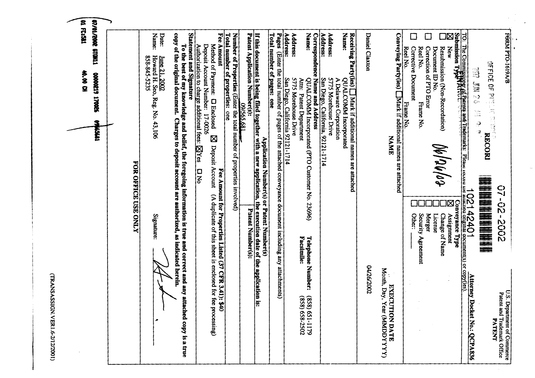 Document de brevet canadien 2371118. Cession 20011219. Image 3 de 4
