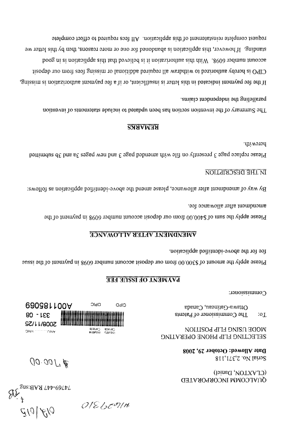 Document de brevet canadien 2371118. Correspondance 20071225. Image 1 de 2