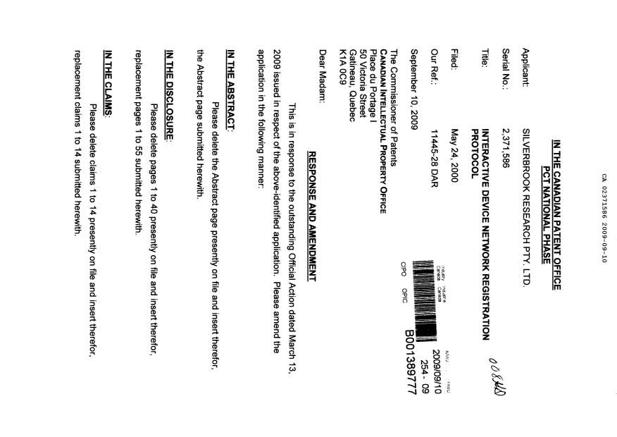 Document de brevet canadien 2371586. Poursuite-Amendment 20090910. Image 1 de 62