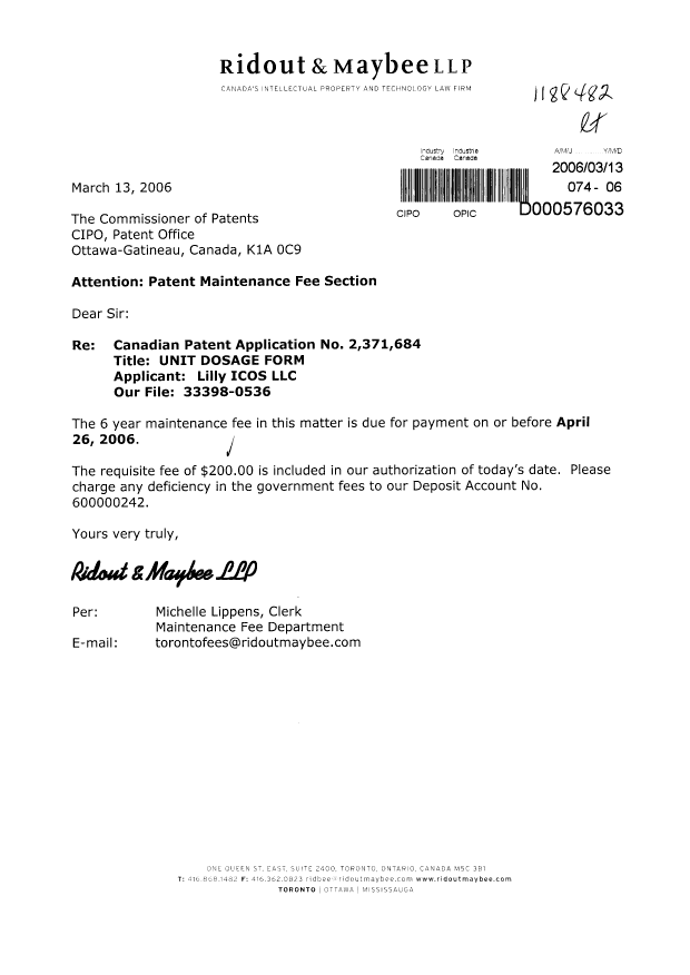 Canadian Patent Document 2371684. Fees 20060313. Image 1 of 1