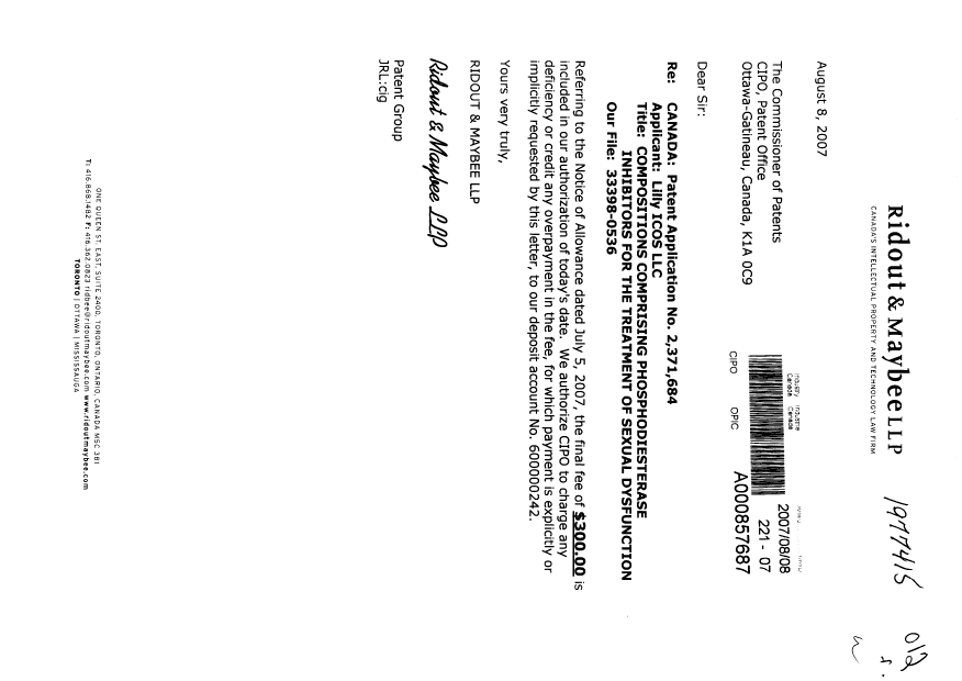 Document de brevet canadien 2371684. Correspondance 20070808. Image 1 de 1