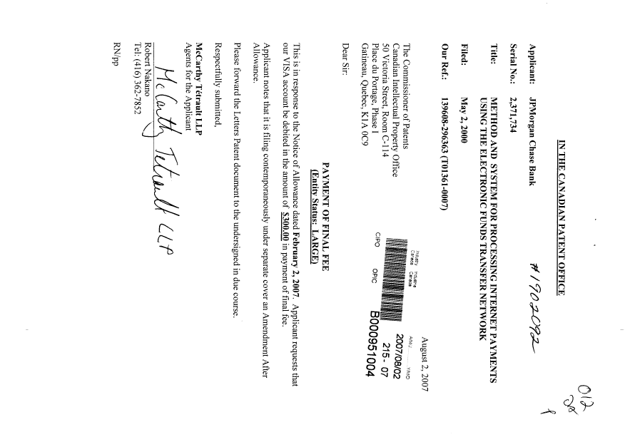 Document de brevet canadien 2371734. Correspondance 20070802. Image 1 de 1