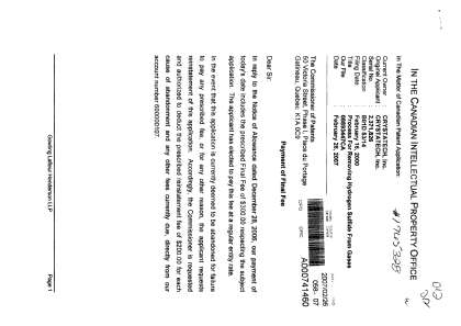 Document de brevet canadien 2371826. Correspondance 20061226. Image 1 de 2