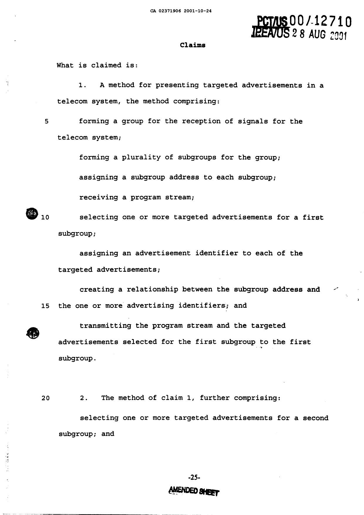 Canadian Patent Document 2371906. Prosecution-Amendment 20011024. Image 2 of 33