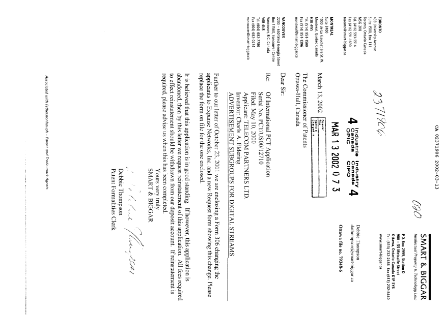 Document de brevet canadien 2371906. Correspondance 20020313. Image 1 de 3
