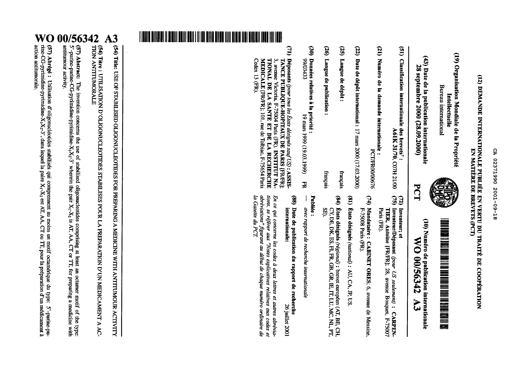 Document de brevet canadien 2371990. Abrégé 20010918. Image 1 de 1