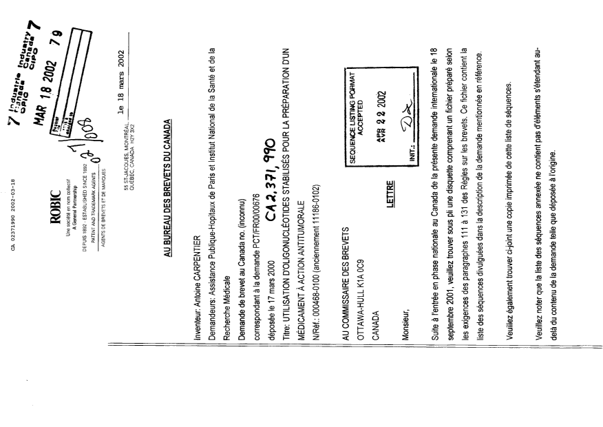 Canadian Patent Document 2371990. Prosecution-Amendment 20020318. Image 1 of 12