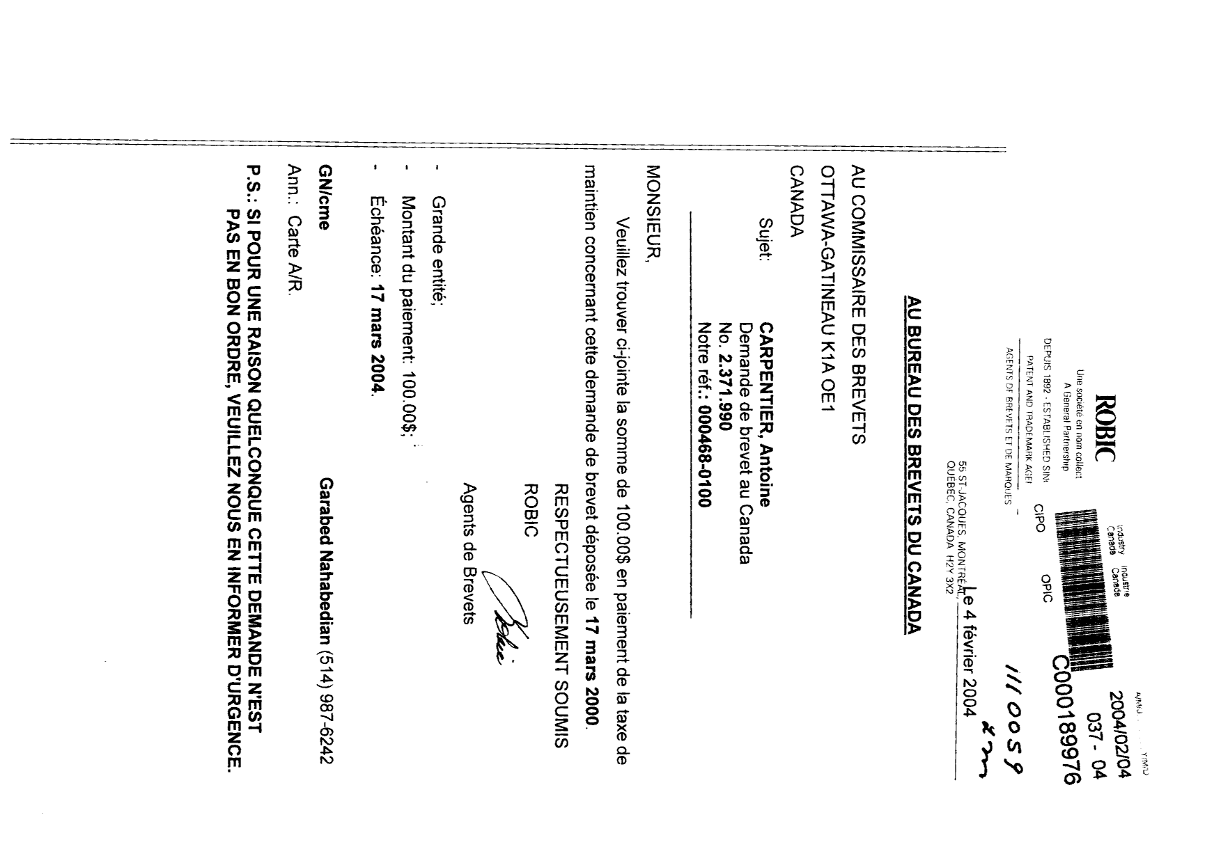 Canadian Patent Document 2371990. Fees 20040204. Image 1 of 1