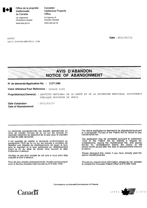 Document de brevet canadien 2371990. Correspondance 20110512. Image 1 de 1