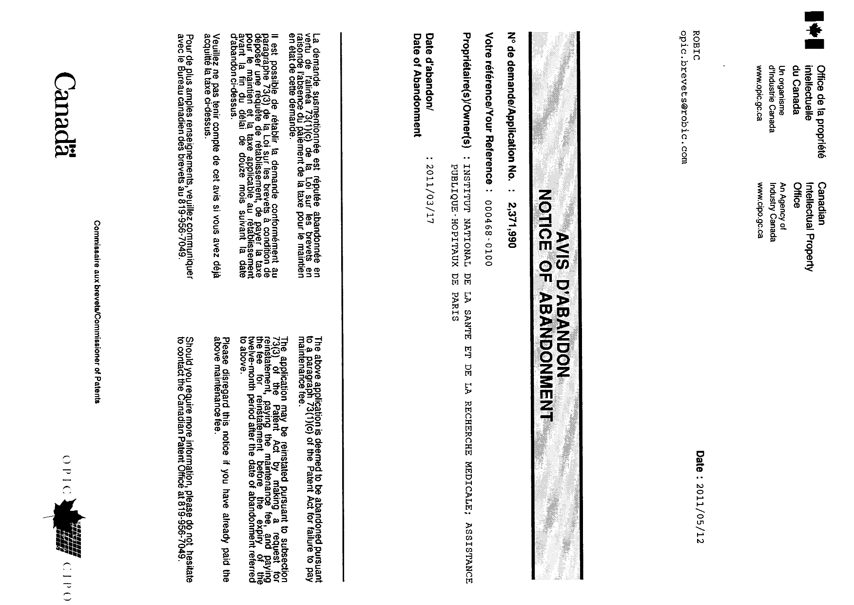 Document de brevet canadien 2371990. Correspondance 20110512. Image 1 de 1