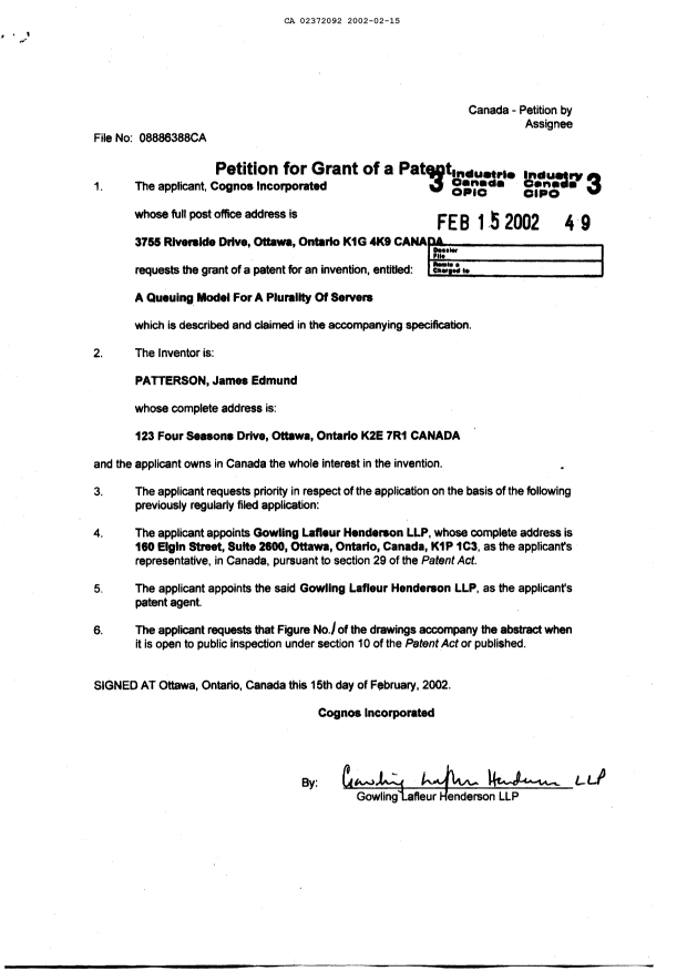 Document de brevet canadien 2372092. Cession 20020215. Image 3 de 3