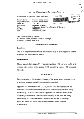 Document de brevet canadien 2372092. Poursuite-Amendment 20051110. Image 1 de 11