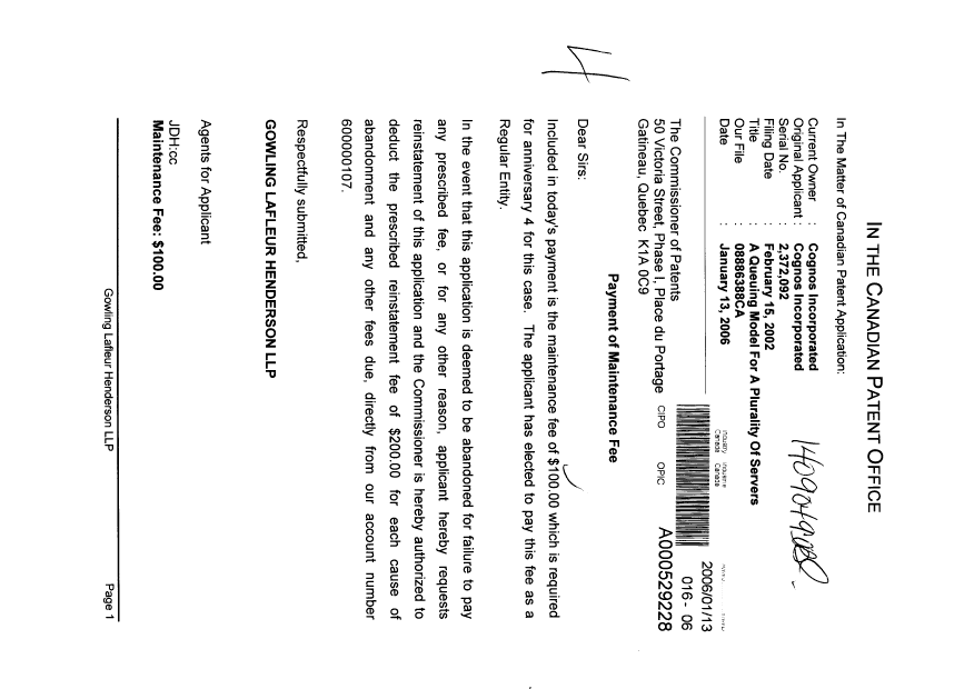 Document de brevet canadien 2372092. Taxes 20060113. Image 1 de 1